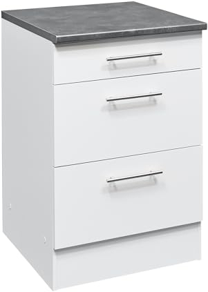 Eddy Moderner Schubladenschrank Küche in Weiß matt, Metallic Grau - Geräumiger Küchenunterschrank mit viel Stauraum - 60 x 90 x 60 cm (B/H/T)