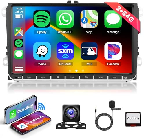 2G 64G CarPlay Android Car Radio For VW Passat Jetta Tiguan Golf MK5 MK6 T5 EOS Polo Android Auto, Rimoody 9 Inch Touch Screen Car Stereo GPS Navigation Bluetooth FM RDS EQ SWC Backup Camera