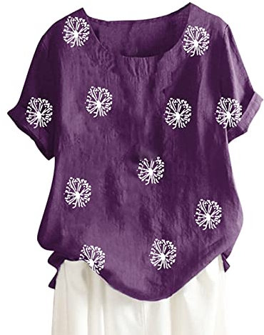 Linen Tops for Women UK Summer Short Sleeve Cotton Linen Shirts 2024 Fashion Crew Neck Button Blouses Dressy Casual Dandelion Print T-Shirts Ladies Elegant Loose Fit Tee