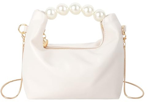 Meliyya Damen Mini Clutch Handtasche PU Glattleder Umhängetasche mit Perlen Henkel Ketten Gurt 21 * 7 * 11cm, Weiß
