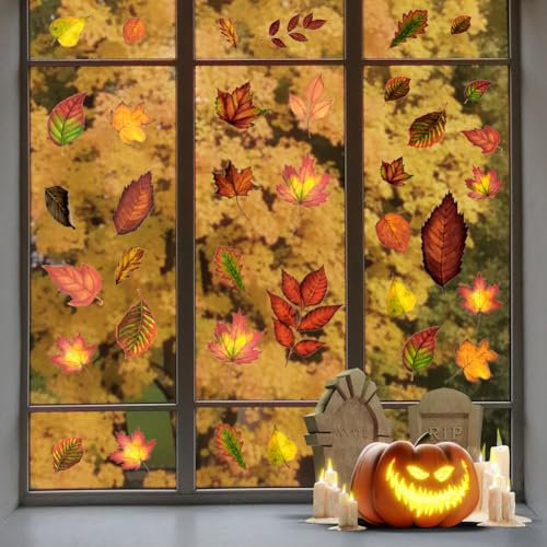 AUAUY Adesivi Finestra Autunno Thanksgiving, 9 Fogli 96 PZ Foglie d'acero Vetrofanie Per l'autunno Ringraziamento Decorazioni, PVC Elettricità Statica Autoadesivi Finestre Sticker, Decori Casa Festa