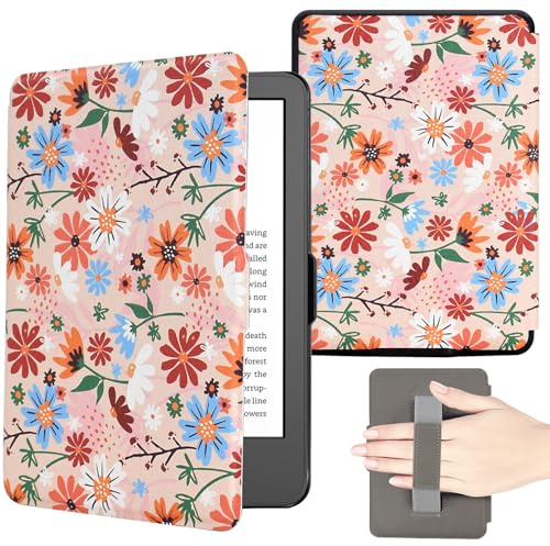 KEROM Case for 6.8 Kindle Paperwhite (11th Generation, 2021) and Kindle Paperwhite Signature Edition, PU Leather Protective Cover Case with Hand Strap, Card Slot, Auto Sleep/Wake - Tangerine Jasmine