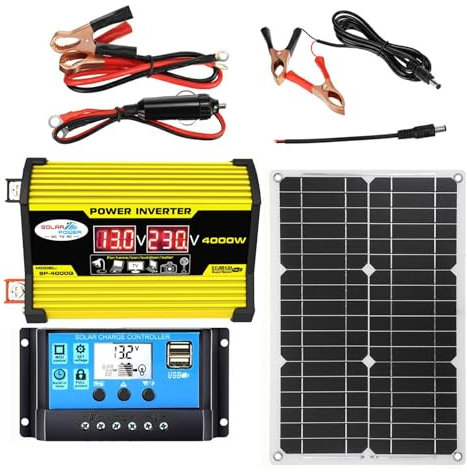 Kit de panneau solaire, Deux ports USB, Kit système solaire 18W 18V Panneau solaire + onduleur 4000W DC 12V à 220V/110V AC + contrôleur de charge solaire 30A, Pour voiture, yacht, camping-car