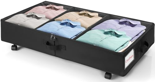 BQKOZFIN Under Bed Storage on Wheels, 50L Foldable Under Bed Storage Organiser Container with PVC Lid, Rolling Underbed Storage Box with Metal Frame for Clothes Shoes Toys Blankets (Black)