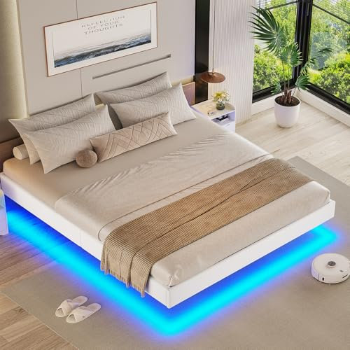 Brinlawb Bett 140x200 mit Lattenrost aus Holz, Bettgestell 140x200 cm mit LED Beleuchtung, Polsterbett 140x200cm Bett mit Grauem Leinen, Robust und Stabil, Modern Schwebebett 140x200, Leinen, Beige