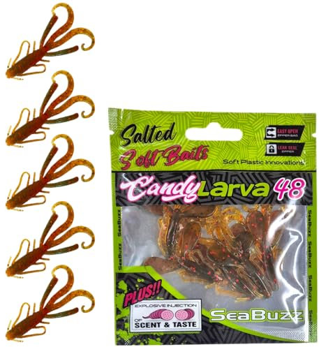 SEABUZZ Gummifische Angelköder Set Candy Larva 5Stk x 48mm - Hecht Forelle Barsch Gummiköder - Wels & Zander Kunstköder - Raubfisch Angelnset - Süß- und Salzwasser Angelausrüstung (Cola)