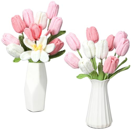 Shihanee 10 Pcs Tulip Crochet Flowers Bouquet Handmade Knitted Flower Decor Birthday Gifts for Mom Mother's Day Women Grandma Spring Home Vase Centerpiece, 13.7(Pink, White)