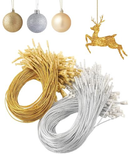 SYEYCW 200 Pièces Ficelle de Noël, 20cm Ficelle de Suspension pour Ornements de Noël, Cordes de Suspension Prédécoupée, Cordes de Verrouillage à Pression, pour Halloween, Fête, Mariage, Or, Argent