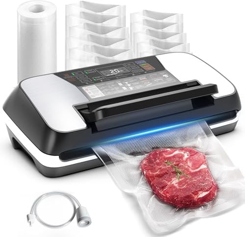 85kPa Food Vacuum Sealer Machine, Auto 12-in-1 Vacuum Food Sealer with Easy-Lock Handle, Double Heat Seal, Vacuum Pack Machine with Built-in Cutter and Bag Storage, 1 Roll and 10 Pre-cut Bags