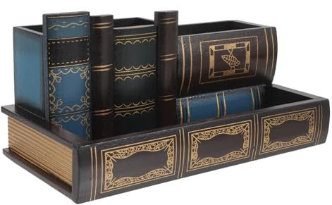 Operitacx Book Shaped Pen Holder Wooden Stationary Organizer for Desk Tidy Classroom Storage and Teacher Supplies