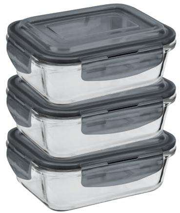 HOMESHOPA Airtight Glass Food Storage Container, 380ml, 3 Pack BPA-Free & Leak Proof Silicone Seal Plastic Lids, Glass Meal Prep Takeaway Lunch Boxes