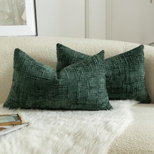 Mandioo 2er Set Chenille Kissenbezug Dekorativer Kissenbezüge Gemütlicher weichen Kissenhülle Sofakissen Dekokissen Couchkissen Zierkissenbezug Schlafzimmer Wohnzimmer 30x50 cm Dunkelgrün