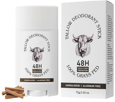 Tallow Deodorant Stick, Aluminum Free Whole Body Deodorant with Grass-Fed Beef Tallow For Men & Women - Sandalwood, 48-Hour Odor Control, Invisible Solid Antiperspirant Deodorant Stick
