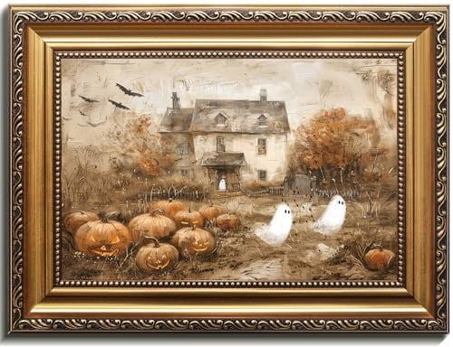 uniro Vintage Gold gerahmte Wandkunst, Vintage niedliche Geister, Spuk-Halloween-Gemälde, gruseliger Kürbis-Aufnäher, Halloween-Wandkunstdrucke, Geisterdekoration, Bauernhaus-Geisterposter
