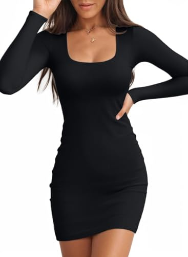 TrendiMax Women's Long Sleeve Square Neck Dress Ribbed Knit Bobycon Pencil Dress Slim Fit Sexy Party Mini Dresses Black