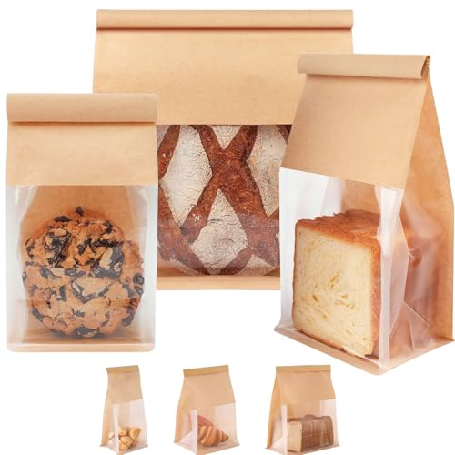 MORAINJAY 30 Pezzi Sacchetto di Pane con Finestra e Chiusura,Sacchetti Carta di Imballaggio Alimentare Kraft,Marrone,16x26+13cm,Ottimo per Prodotti da Forno,Panini,Biscotti,Toast ecc