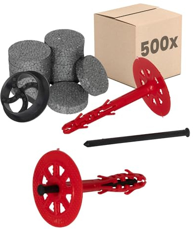 PROTEKTOR isoleringspluggar Set Ø10x200mm med plastspik (500 Stycke + 600 rondelle + 1 Fräs för isoleringsplugg) för ETICS & fasadisolering, ETA-certifierade Termopluggar
