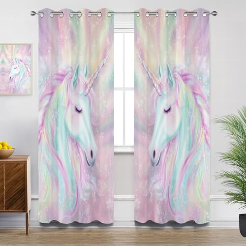 Mistela Vorhänge Einhorn - Verdunklungsvorhänge mit Ösen Regenbogen Einhorn Kinder Wohnzimmer Gardinen Vorhänge kurz Schlafzimmer Küchengardine Decor - 2er Set - H137 x B117cm, Rosa Grün