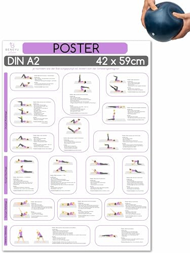 beneyu ® Übungs-Poster für Yoga & Pilates in Deutsch (DIN A2-60x42cm - auf A4 gefalzt) - Yoga Asanas & Pilates Übungen für Anfänger & Fortgeschrittene