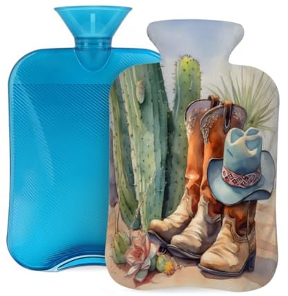 2L Hot Water Bottle with Cover, Cowboy Boots Hat Desert Cactus Large Capacity Hot Water Bag for Hot Cold Compress, Hand Feet Warmer, Neck Shoulder Pain Relief