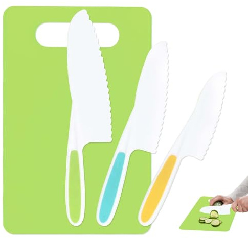 Tweozek 4PCS Knife Set for Chopping, Montessori Cooking Set Safe Knives with Cutting Board for Real Cooking, Plastic Kitchen Knife Set Friendly Knives for Sandwich Bread Vegetable