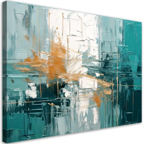 Feeby Leinwand Bilder - Bild Wohnzimmer - Gemalt Abstrakt Türkis Gold - 115x75 1tlg - Deko Schlafzimmer Groß - Dekoration Canvas - Gemälde - Modern Wandbilder - Kunstdruck