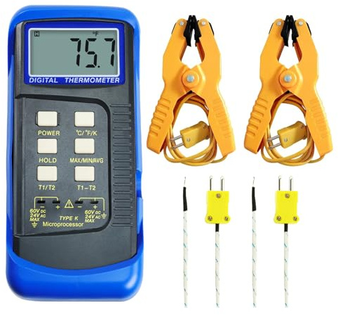 Thermomètre numérique à deux canaux avec thermocouple de type K de -50 à 1300 °C, avec borne de température et sondes filaires, mesure MAX/MIN/AVG et différence pour fours, fours de cuisson, fours de