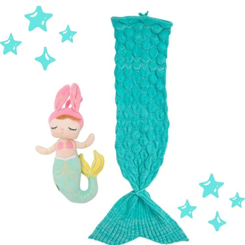 Crochetts Meerjungfrauenschwanz-Decke mit Puppe, türkiser Stoff aus Polyester, Spielzeug-Set für Kinder mit Plüschpuppe, Meerjungfrauen-Puppe, Design Schuppen