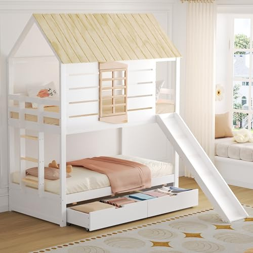 Letto a soppalco basso con scivolo, letto a soppalco con scivolo, 90x200 letto singolo con 2 cassetti, scala e protezione dalle cadute, senza materasso (bianco+naturale)