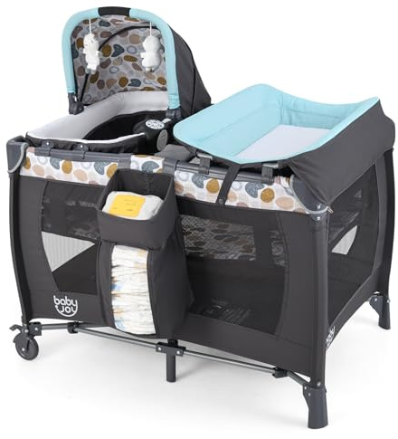 GOPLUS 5-in-1 Babybett, Beistellbett Baby mit Wickelauflage, Bremsrädern und Reisetasche, Musikbox mit Vibrationsfunktion, 2 hängende Spielzeuge, tragbares Reisebett mit Transporttasche (Blau)