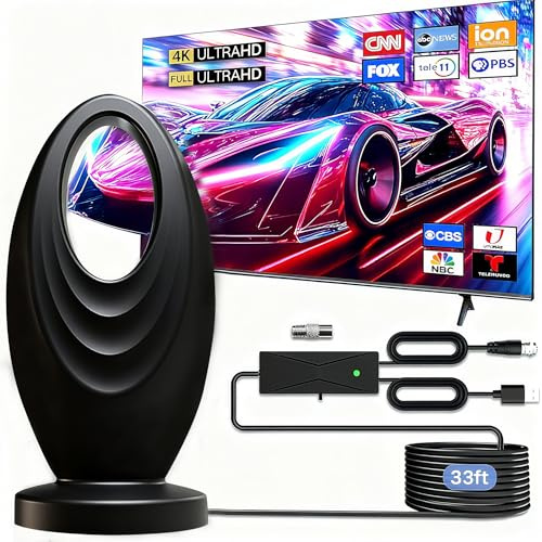 Indoor TV Aerial with Amplifier Signal Booster, Long Range 650+ Miles Reception, Digital HDTV Antenna for Freeview, Smart TV ariels & Older TVs, Supports 4K, 1080P HD Local Channels
