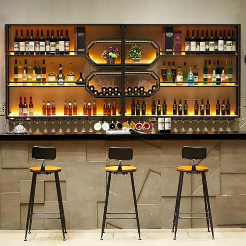 AUSKLEZU 301cm Botellero Pared 4 Niveles LED y Copas Hierro Madera | Estante colgante hierro madera 4 niveles, tira LED cálida, soporte copas, 70 lbs/capa, fácil montaje, decoración bar