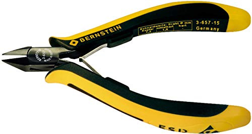 Bernstein Werkzeug Seitenschneider Euroline, 125 mm mit spitzem Zangenkopf ohne Wate, ableitfähige zweifarbige Handschutzhüllen, 3-657-15