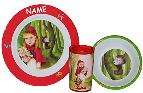 3 tlg. Geschirrset  Rotkäppchen  - Melamin - incl. Name - Trinkbecher + Teller + Müslischale - Jungen Mädchen Geschirr - Kindergeschirr Frühstücksset - Märc..