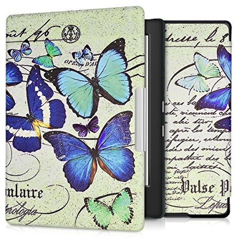 kwmobile Klapphülle kompatibel mit Kobo Aura H2O Edition 1 Hülle - eReader Case - Schmetterlinge Vintage Blau Mintgrün Beige