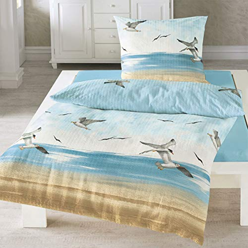 Traumschlaf Seersucker Sommer Bettwäsche 100 % Baumwolle • Maritimes Möwen-Motiv • Bügelfrei, Atmungsaktiv & Pflegeleicht • Mit Reißverschluss 200x200 cm + 2X 80x80 cm