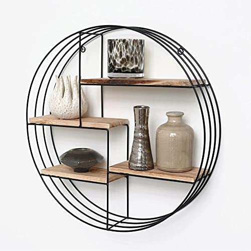 Vivol Wandregal Rund aus Schwarzem Metall - Regal Rund Schwarz - 4 Hölzboden - Rundus Regal - 50x11 cm