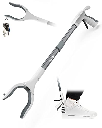 Jellas Pince de préhension pliable de 81,3 cm avec embout magnétique solide et chausse-pied, outil d'aide pour ramasser les ordures, ramasser les déchets, extension de bras (gris)