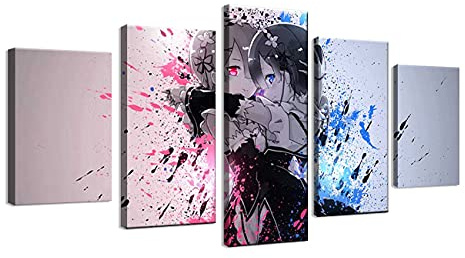 ZHONGYUTONG 5 Teilig Re Zero Rem Anime Poster mit Rahmen Anime Bild Leinwand Kunstdruck Mädchen Wandmalereien für Wohnzimmer Schlafzimmer Wohnkultur (200x100cm)