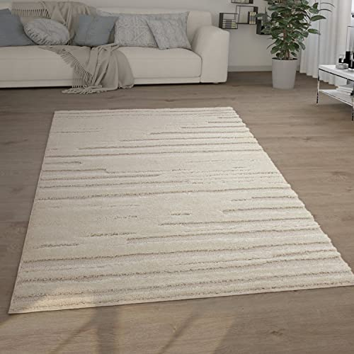 Paco Home Hochflor Teppich Wohnzimmer Shaggy 3D Optik Ethno Boho Vintage Look Weich, Grösse:80x150 cm, Farbe:Creme 2