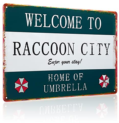 Metall-Blechschild Persönlichkeit Retro Resident Welcome to Raccoon City, Regenschirmschild Zuhause, Material Aluminium, Stil Metall Aluminium Wanddekor-Schild, 30.5x20.3 cm