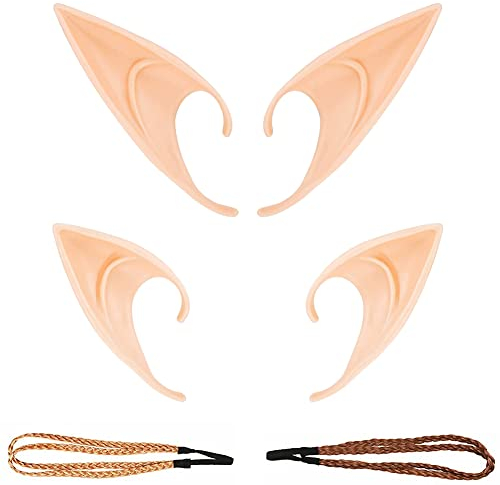 Elfenohren Set, 2 Paar Fantasy Latex Elf Ohren mit 2er Haarband Hobbit Spitzohren zum Aufstecken für Halloween Cosplay Karneval Party Fasching Kostüm