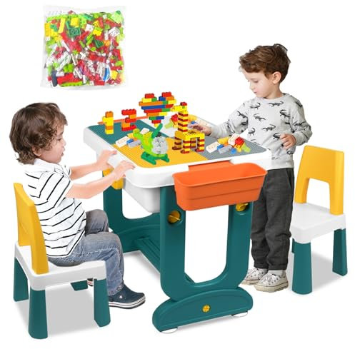 LZQ 5-in-1 Kindertisch mit Stühle Set Kinder Tisch Stuhl Spieltisch mit Bausteine und 2 Stühle Doppelseitiger Tischplatte Multifunktionaler Aktivitätstisch mit Stauraum für Lernen Lernspiele