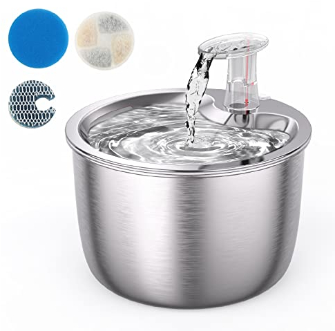 Fontaine à Eau pour Chat Chien, 2L Capteur Infrarouge Automatique Animaux Distributeur Eau Ultra Silencieux en Acier Inoxydable,3 Modes de Débit, avec 1.9M USB, Pompe, filtres, bouée de Niveau d'eau