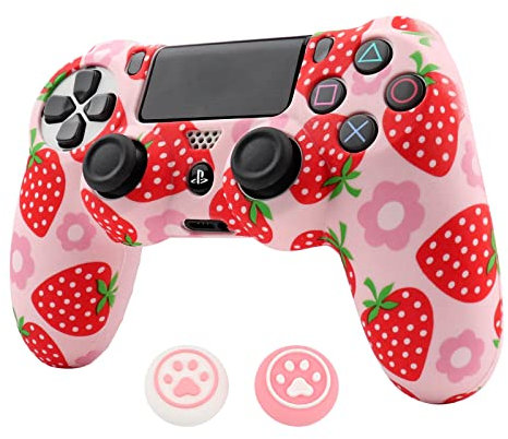 Pelli per controller PS4 rosa RALAN, copertura per controller in silicone per frutta compatibile/PS4 Slim/PS4 Pro Controller con 2 simpatici tappi per pollice