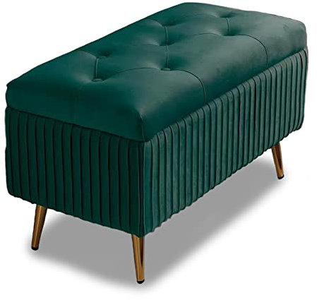 Bakaji Samt Sitzbank, Rechteckige Polsterbank Schminkbank Mit Stauraum, Truhenbank, Gepolsterter Aufbewahrungsbox, Metallbeine, Schlafzimmer, Wohnzimmer, Flur, 80 x 40 x 45 cm, (Grün)
