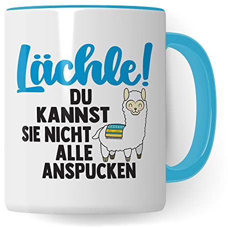 Tasse Lama Geschenk, Lächle! Du kannst sie nicht alle anspucken Geschenkidee Tasse mit Spruch lustig Kaffee-Becher Kaffeetasse Teetasse Humor Witz Witztasse Alpaka spucken (Weiß/Blau)