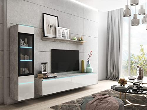 MINIO go for it - Wohnwand 3-Teilig Set Veve 1 I Hängend oder Stehend I Hochschrank-Vitrine I Lowboard I Wandboard I Laminierte Spannplatte I Beton und Weiß Gloss - LED Beleuchtung