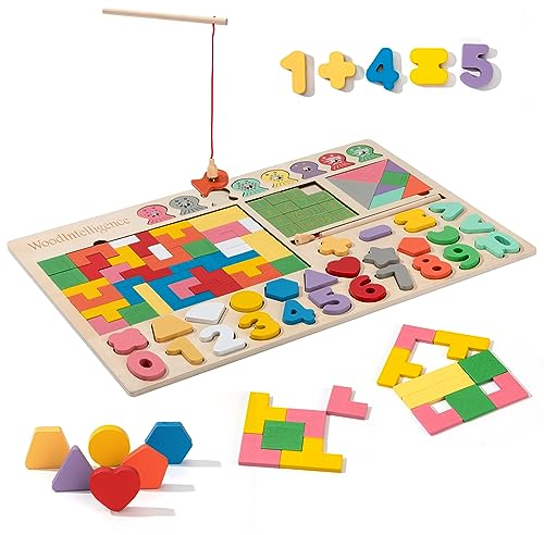 Montessori Spielzeug Magnetisches Angelspiel Holzpuzzle, 5-in-1 Tetris Puzzle Tangram Holzspielzeug Zahlen Farben- und Formensortierer Lernspielzeug Motorikspielzeug für Kinder ab 2 3 4 5 6 Jahren