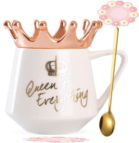 Arawat Queen Of Everything Mug Con Coperchio Dolce Tazza Bianca Con Corona Tazza Da Caffè Regalo 350 Ml Tazza Da Tè In Ceramica Regalo Di Compleanno Per Le Donne Ragazze Mamma Fidanzata